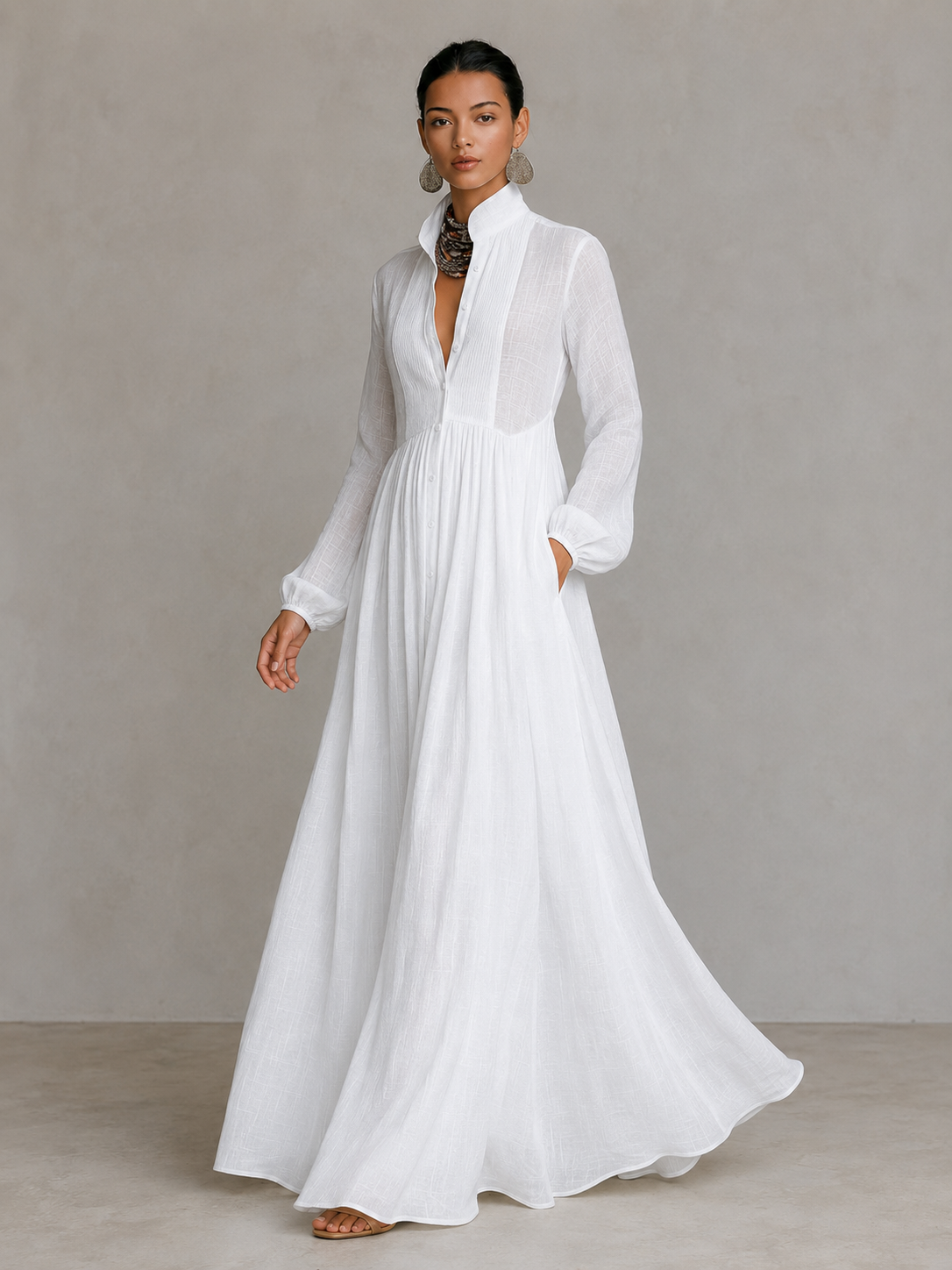 Women's Single-Button Stand-Up Collar Long-Sleeve Dress