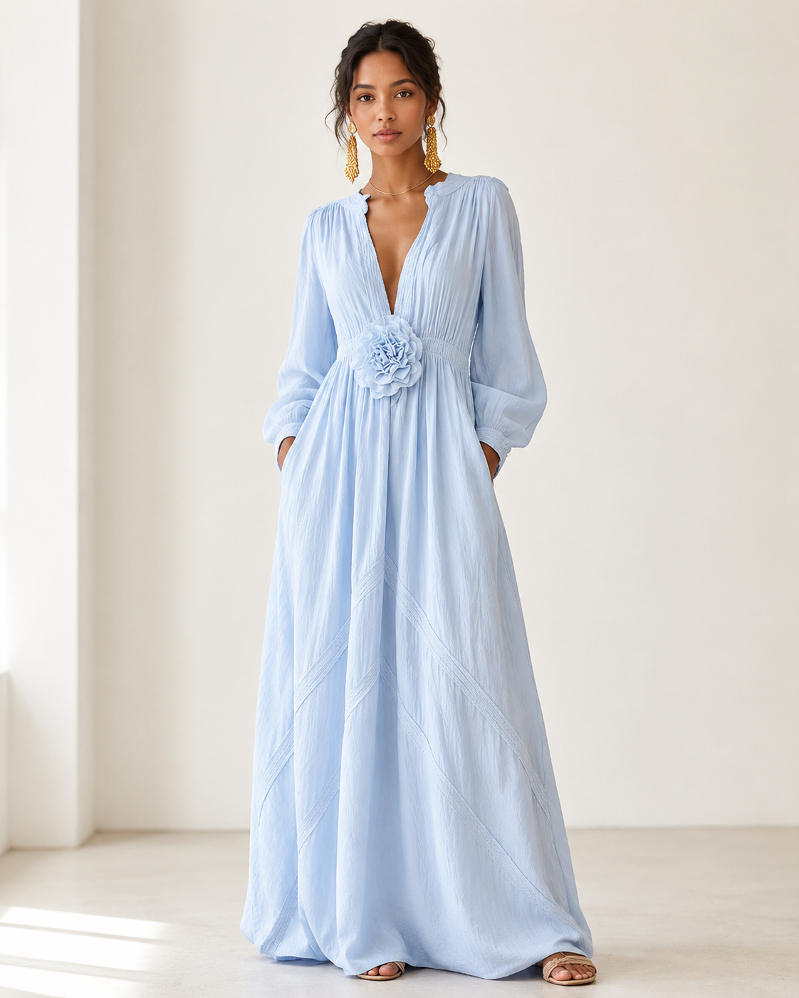 Elegant Linen-Blend Maxi Dress with Floral Waist Detail