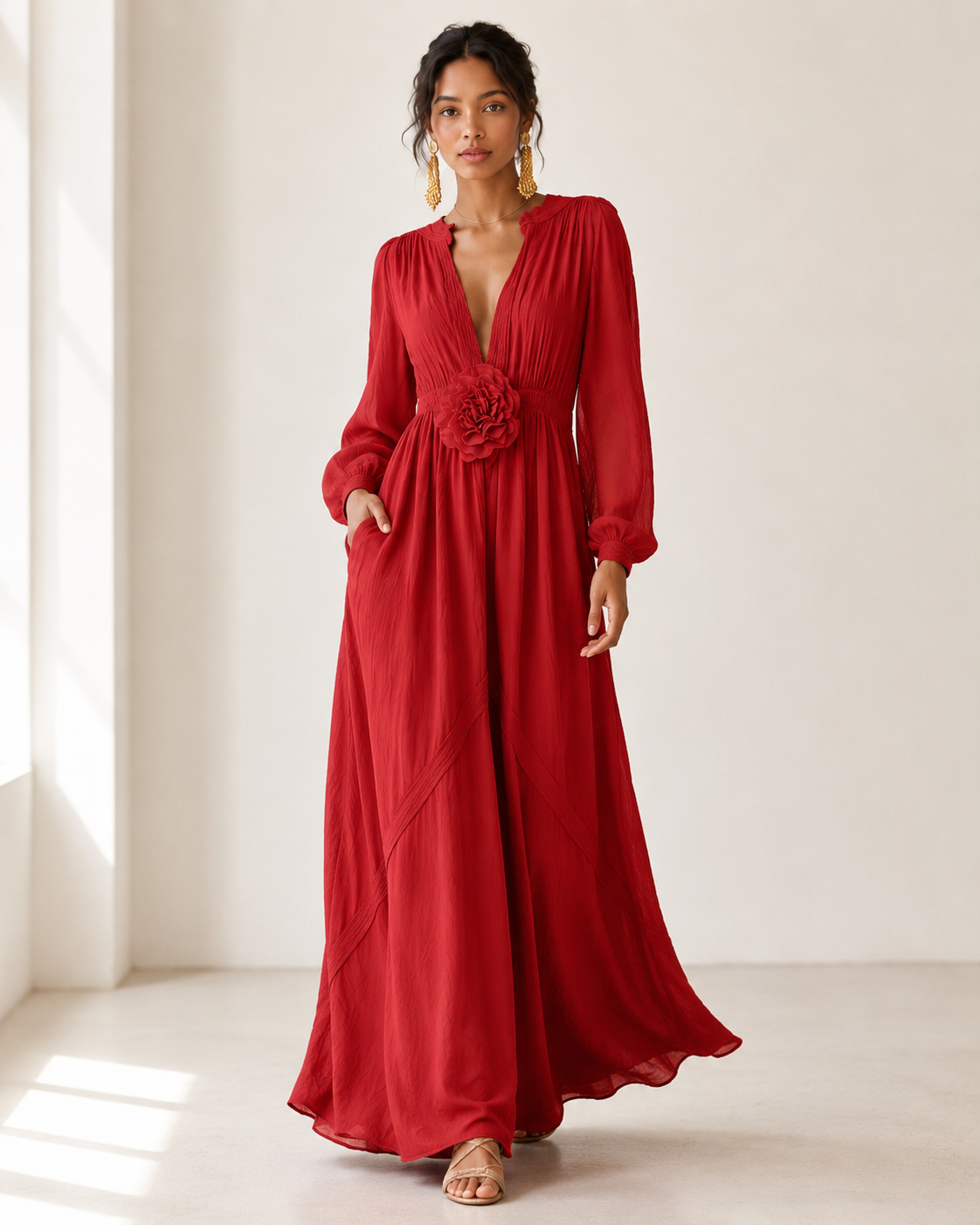 Elegant Linen-Blend Maxi Dress with Floral Waist Detail