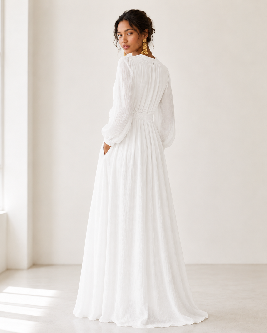 Elegant Linen-Blend Maxi Dress with Floral Waist Detail