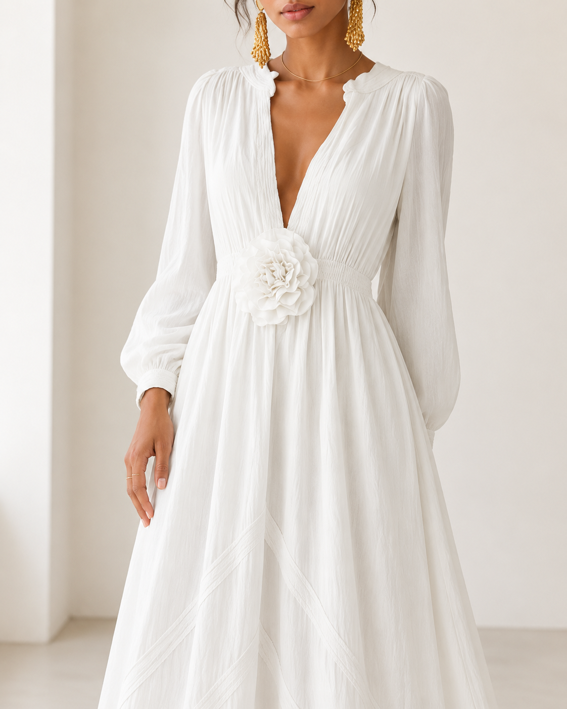 Elegant Linen-Blend Maxi Dress with Floral Waist Detail