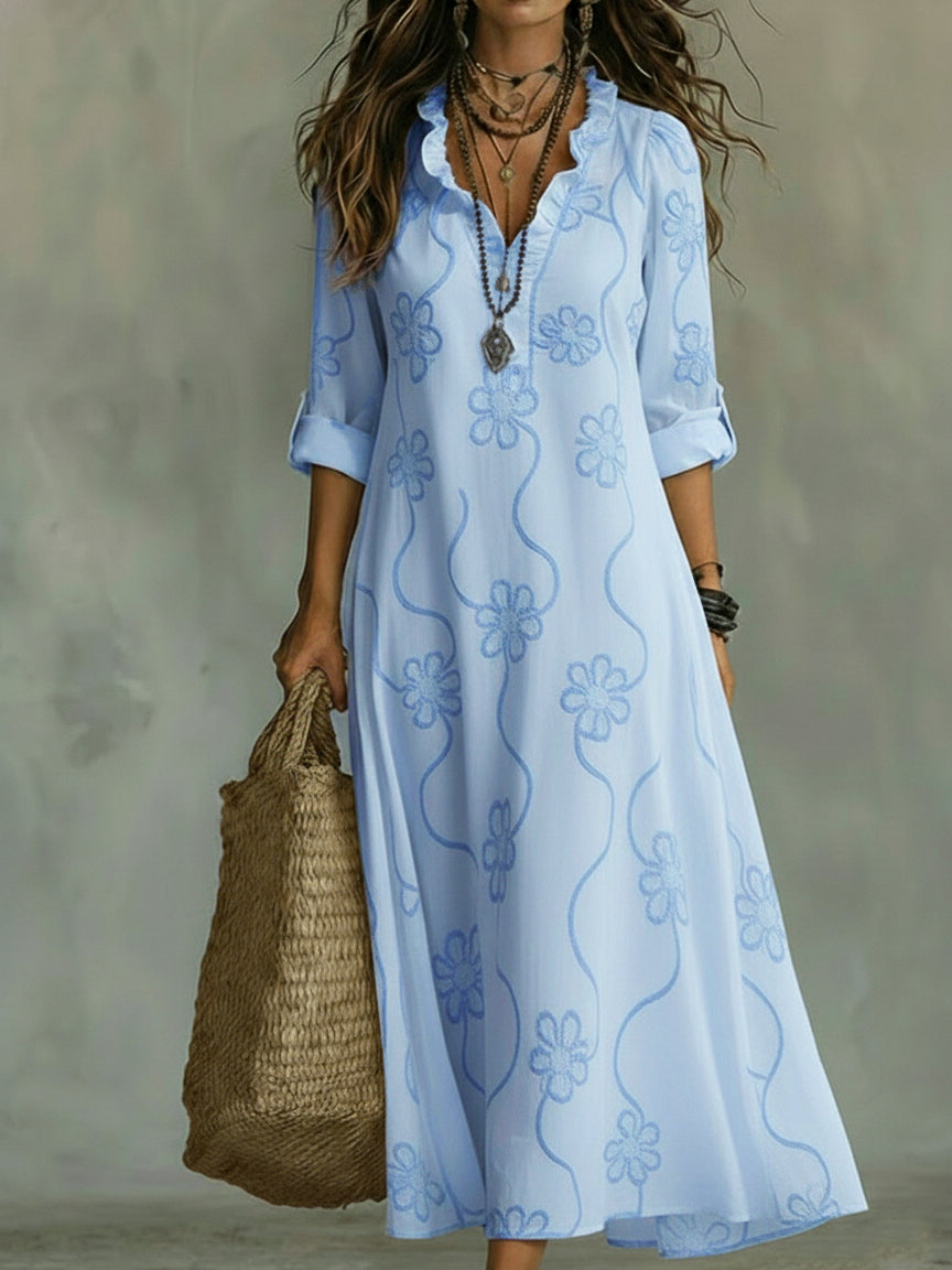 Embroidered V Neck Maxi Dress Casual Fit(BUY 2 FREE SHIPPING)