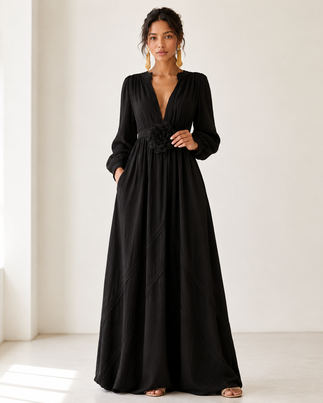 Elegant Linen-Blend Maxi Dress with Floral Waist Detail
