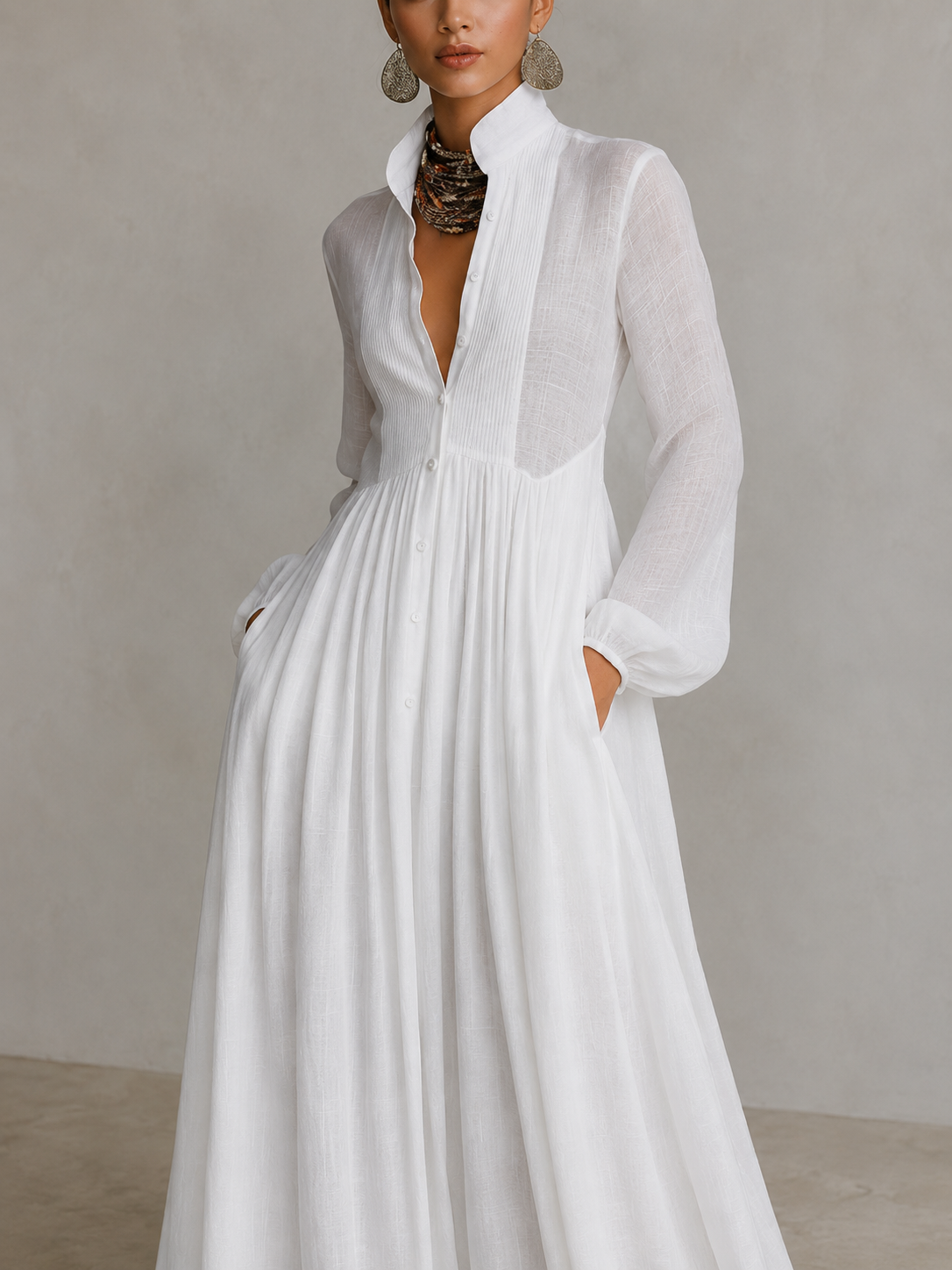 Women's Single-Button Stand-Up Collar Long-Sleeve Dress