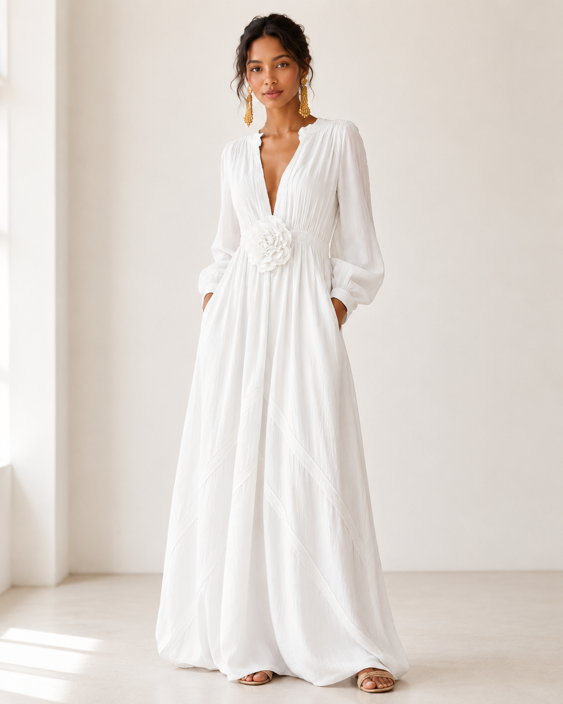 Elegant Linen-Blend Maxi Dress with Floral Waist Detail