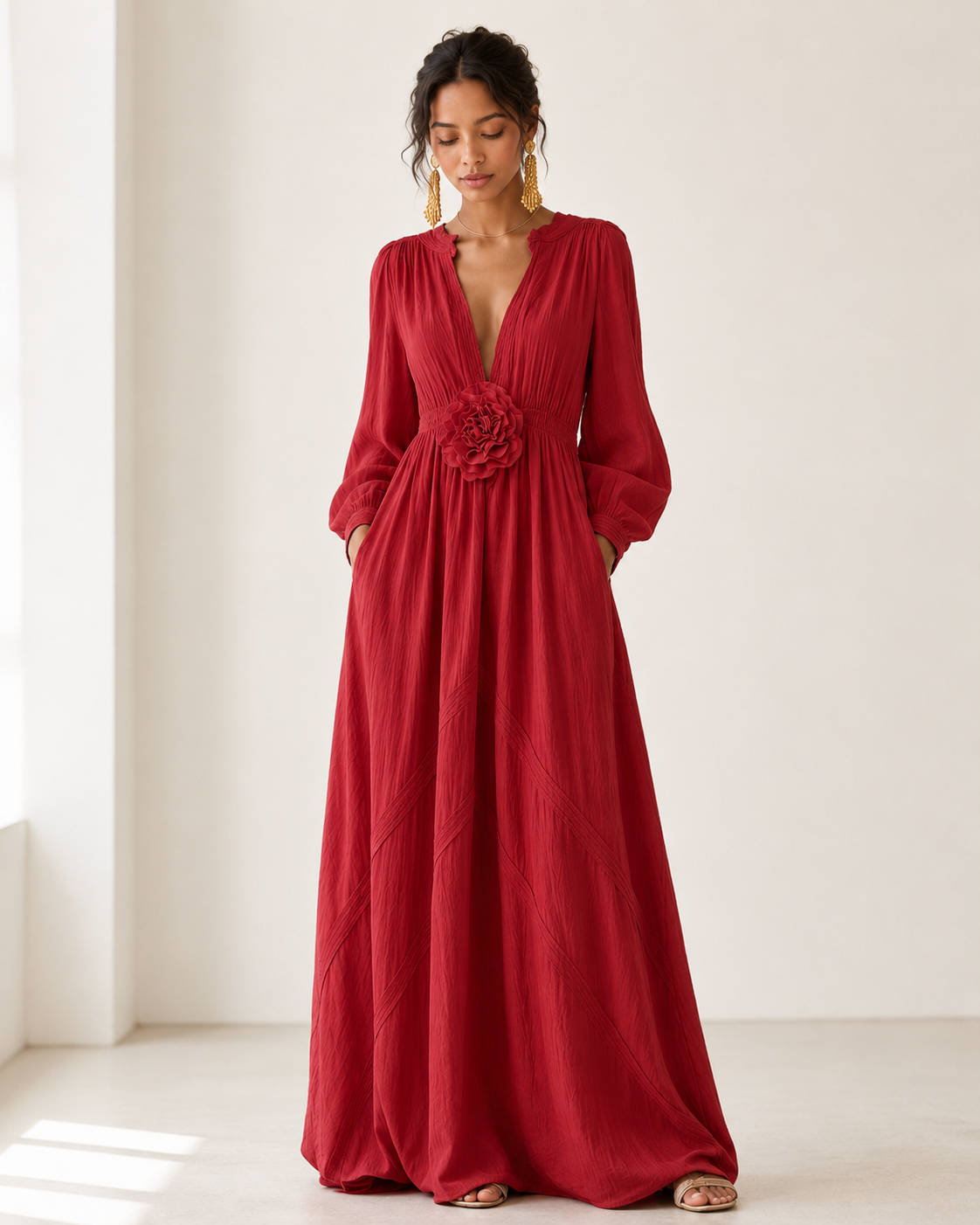 Elegant Linen-Blend Maxi Dress with Floral Waist Detail
