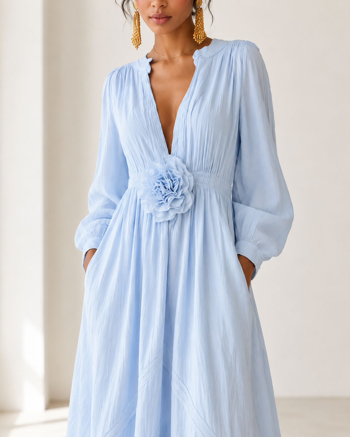 Elegant Linen-Blend Maxi Dress with Floral Waist Detail