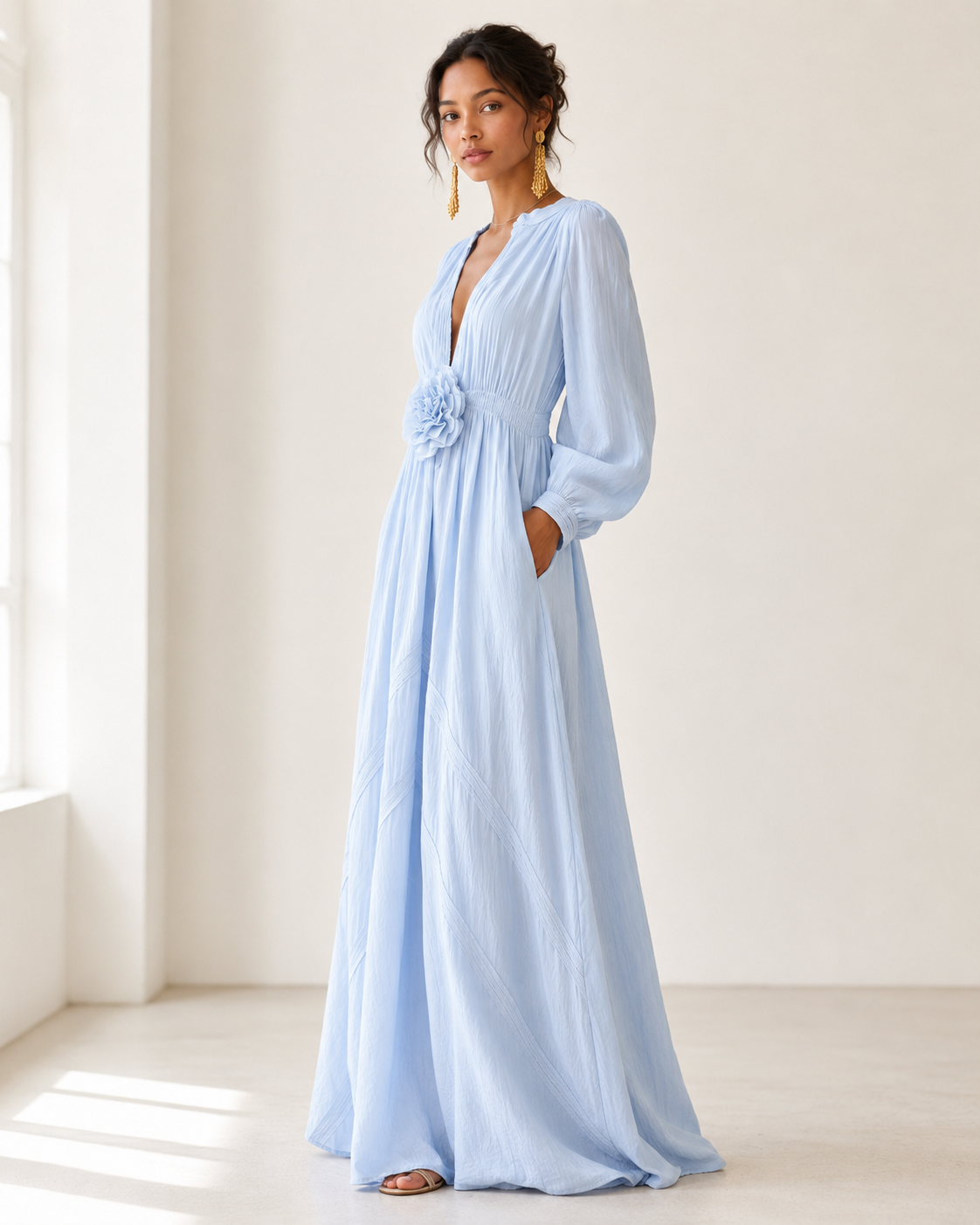 Elegant Linen-Blend Maxi Dress with Floral Waist Detail