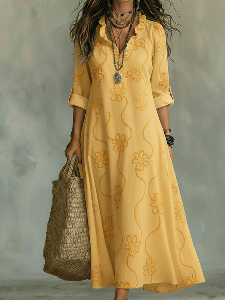 Embroidered V Neck Maxi Dress Casual Fit(BUY 2 FREE SHIPPING)