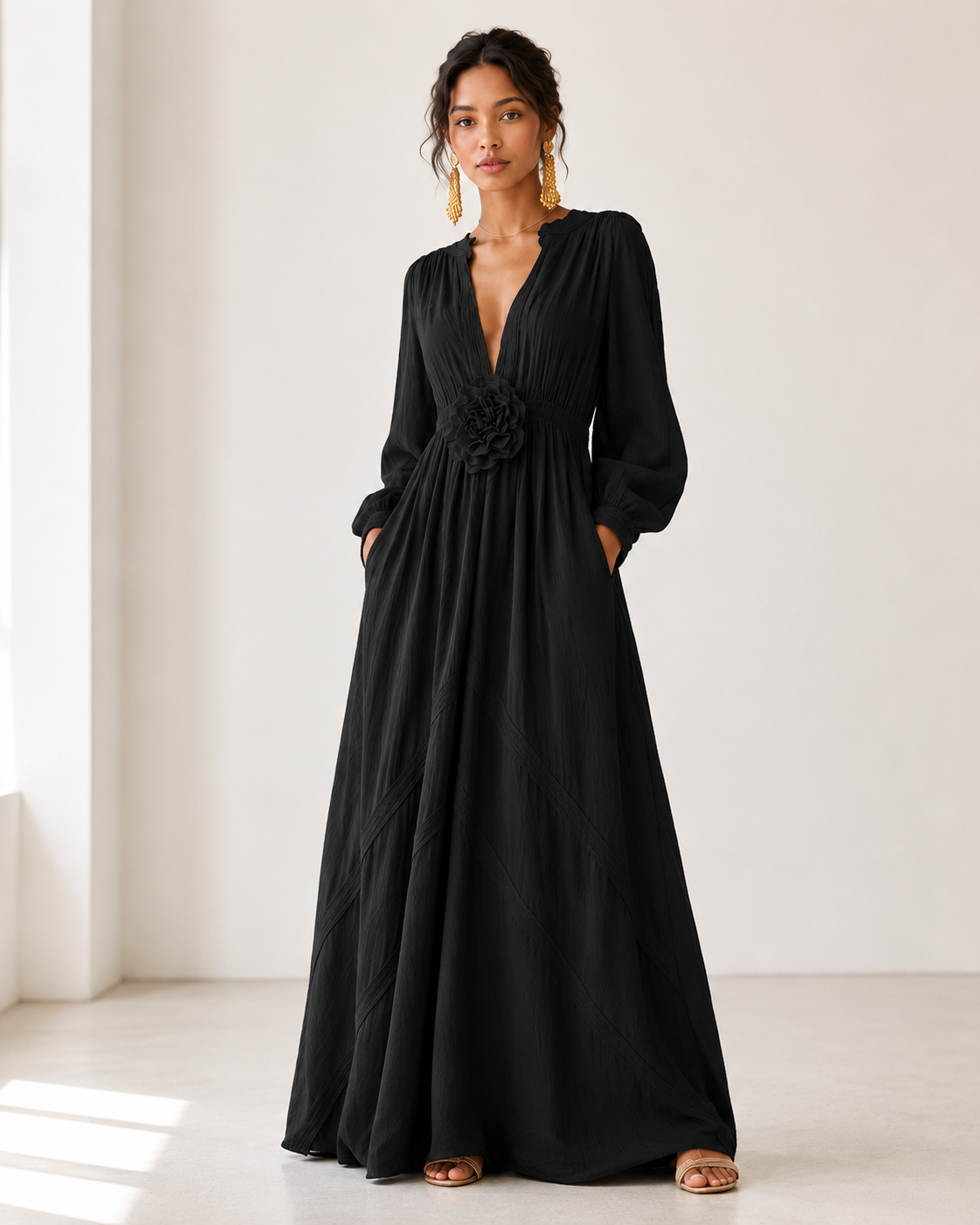 Elegant Linen-Blend Maxi Dress with Floral Waist Detail